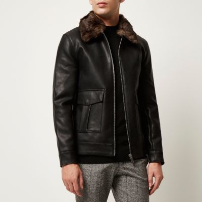 Black leather-look zip-up jacket